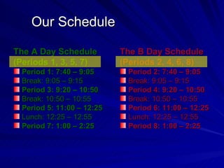 Our Schedule  The A Day Schedule (Periods 1, 3, 5, 7) Period 1: 7:40 – 9:05 Break: 9:05 – 9:15 Period 3: 9:20 – 10:50 Break: 10:50 – 10:55 Period 5: 11:00 – 12:25 Lunch: 12:25 – 12:55 Period 7: 1:00 – 2:25 The B Day Schedule (Periods 2, 4, 6, 8) Period 2: 7:40 – 9:05 Break: 9:05 – 9:15 Period 4: 9:20 – 10:50 Break: 10:50 – 10:55 Period 6: 11:00 – 12:25 Lunch: 12:25 – 12:55 Period 8: 1:00 – 2:25 