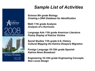 Sample List of Activities Science 9th grade Biology    Creating a DNA Database for Identification Math 11th grade Analysis  Analysis of a Hurricane Language Arts 11th grade American Literature  Poetry Display of Katrina Victims Social Studies 11th grade U.S. History  Cultural Mapping the Katrina Diaspora Migration Foreign Language 10-12th grade Spanish  Katrina News Broadcast Engineering 10-12th grade Engineering Concepts  New Levee Design  