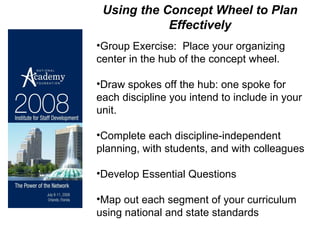 Using the Concept Wheel to Plan Effectively Group Exercise:  Place your organizing center in the hub of the concept wheel. Draw spokes off the hub: one spoke for each discipline you intend to include in your unit. Complete each discipline-independent planning, with students, and with colleagues Develop Essential Questions  Map out each segment of your curriculum using national and state standards  