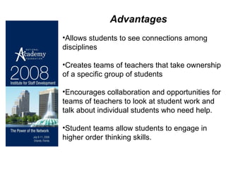 Advantages Allows students to see connections among disciplines Creates teams of teachers that take ownership of a specific group of students Encourages collaboration and opportunities for teams of teachers to look at student work and talk about individual students who need help. Student teams allow students to engage in higher order thinking skills. 