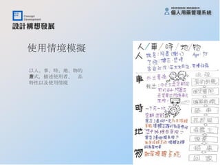 使用情境模擬 以人、事、時、地、物的 方式，描述使用者、產品 特性以及使用情境 