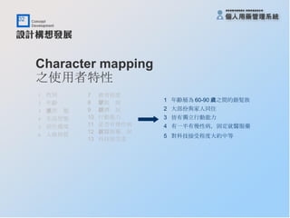 Character mapping 之使用者特性 1  性別  2  年齡 3  工作狀態 4  生活型態 5  居住環境 6  人格特質 7  教育程度 8  家庭狀況 9  經濟狀況 10  行動能力 11  是否有慢性病 12  就醫服藥狀況 13  科技接受度 1  年齡層為 60-90 歲之間的銀髮族 2  大部份與家人同住 3  皆有獨立行動能力 4  有一半有慢性病，固定就醫服藥 5  對科技接受程度大約中等   