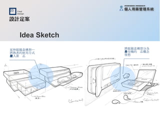 Idea Sketch 延伸眼鏡盒構想─ 將熟悉的使用方式 融入新產品 將眼鏡盒構想分為 子母機的產品概念 發想 