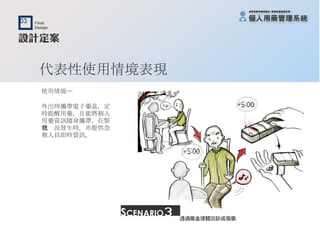 代表性使用情境表現 使用情境─ 外出時攜帶電子藥盒，定 時提醒用藥，且能將個人 用藥資訊隨身攜帶，在緊 急狀況發生時，亦提供急 救人員即時資訊。 