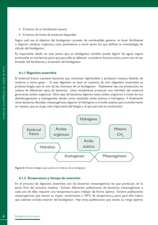 Biodigestores Familiares26
•	 Criterios de un fertilizante natural
•	 Criterios de límite de estiércol disponible
Según cuál sea el objetivo del biodigestor; proveer de combustible, generar un buen fertilizante
o depurar residuos orgánicos, unos parámetros u otros serán los que definan la metodología de
cálculo del biodigestor.
Es importante añadir en este punto que un biodigestor también puede digerir las aguas negras
producidas en una letrina,pero que para ello se deberán considerar factores extra,como son el uso
limitado del fertilizante y el tamaño del biodigestor.
4.1.1 Digestión anaerobia
El estiércol fresco contiene bacterias que continúan digiriéndolo y producen metano, dióxido de
carbono y otros gases. Si esta digestión se hace en ausencia de aire (digestión anaerobia) se
produce biogás, que es uno de los intereses de un biodigestor. Realmente hay una producción en
cadena de diferentes tipos de bacterias. Unas inicialmente producen una hidrólisis del estiércol
generando ácidos orgánicos. Otro tipo de bacterias digieren estos ácidos orgánicos a través de una
deshidrogenación y acetogenésis dando como resultado ácido acético e hidrógeno. Y finalmente
otras bacterias, llamadas metanogénicas, digieren el hidrógeno y el ácido acético para transformarlo
en metano, que es el gas más importante del biogás y el que permite la combustión.
4.1.2 Temperatura y tiempo de retención
En el proceso de digestión anaerobia son las bacterias metanogénicas las que producen, en la
parte final del proceso, metano. Existen diferentes poblaciones de bacterias metanogénicas y
cada una de ellas requiere una temperatura para trabajar de forma óptima. Existen poblaciones
metanogénicas que tienen su mayor rendimiento a 70ºC de temperatura, pero para ello habría
que calentar el lodo interior del biodigestor. Hay otras poblaciones que tienen su rango óptimo
Figura 5: Proceso biológico que sucede en el interior de un biodigestor.
Hidrógeno
Estiércol
fresco
Ácidos
orgánicos
Metano
CH4
Ácido
acéticoHidrólisis
Acetogénesi Metanogénesis
Guíadediseñodebiodigestoresfamiliares
 