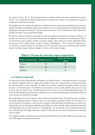 27Biodigestores Familiares
de trabajo de 30 a 35 ºC. Estas temperaturas se pueden alcanzar en zonas tropicales de manera
natural. La actividad de las bacterias desciende si estamos por encima o por debajo del rango de
temperaturas óptimas de trabajo.
En biodigestores sin sistema de calefacción se depende de la temperatura ambiente que en muchas
regiones es inferior al rango de temperaturas óptimas. A menores temperaturas se sigue produciendo
biogás, pero de manera más lenta. A temperaturas inferiores a 5ºC se puede decir que las bacterias
quedan ‘dormidas’ y ya no producen biogás.
Por ello es necesario estimar un tiempo de retención según la temperatura a la que se trabaje. El
tiempo de retención es la duración del proceso de digestión anaerobia, es el tiempo que requie-
ren las bacterias para digerir el lodo y producir biogás. Este tiempo, por tanto, dependerá de la
temperatura de la región donde se vaya a instalar el biodigestor. Así, a menores temperaturas
se requiere un mayor tiempo de retención que será necesario para que las bacterias que tendrán
menor actividad, tengan tiempo de digerir el lodo y de producir biogás.
Tabla 4.1:Tiempo de retención según temperatura
Región característica Temperatura (ºC)
Tiempo de retención
(días)
Trópico 30 20
Valle 20 30
Altiplano 10 60
4.1.3 Estiércol disponible
La materia prima para la producción de biogás es el estiércol fresco. Se pueden considerar otro tipo
de residuos orgánicos, pero en ningún caso residuos duros (con cáscara dura) o de larga duración
de descomposición (como vísceras). El estiércol que mayor cantidad de biogás produce es el de
chancho y el humano, pero el fertilizante que producen es muy ácido, además de que en el caso
humano hay que tener otras consideraciones como se verá en el correspondiente apartado. El
estiércol más equilibrado es el de vaca,además que por animal se produce gran cantidad de estiércol,
y por tanto es el más fácil de recoger.
De manera general, hay que calcular cuánto estiércol se dispone al día. Para ello hay que considerar
el manejo del ganado que se realiza, ya que si es de pastoreo, el ganado duerme en la noche en un
corral cercano a la vivienda, y solo se podrá recoger el 25% del estiércol producido por animal a lo
largo del día. En caso de ganado tabulado todo el día cerca de la vivienda,todo el estiércol producido
está disponible para ser introducido en el biodigestor. Se recomienda usar el estiércol necesario
para la producción de biogás requerida, y dejar el sobrante para los usos tradicionales de abonado
de los cultivos.
En la siguiente tabla se muestra la producción de estiércol fresco diario para diferentes animales,por
cada 100 kilogramos de peso del animal.
Guíadediseñodebiodigestoresfamiliares
 