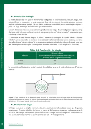 Biodigestores Familiares30
4.1.8 Producción de biogás
La mezcla de estiércol con agua en el interior del biodigestor, en ausencia de aire,producirá biogás. Esta
producción no es constante, y es un proceso que dura, más o menos, el tiempo de retención estimado
según la temperatura de trabajo. De esta forma, un kilo de estiércol irá produciendo biogás de poco a
poco a lo largo del tiempo de retención al que esté sometido.
Existen diferentes métodos para estimar la producción de biogás de un biodigestor según su carga
diaria de estiércol, pero aquí se presenta lo que se denomina un “número mágico” para realizar este
cálculo de forma sencilla.
La estimación de este“número mágico” se realiza a través de los conceptos de“sólidos totales” y“sólidos
volátiles” que se desarrollan en el anexo. En la estimación se han considerado valores medios y por tanto
el empleo de este“número mágico” sirve para tener una idea aproximada del volumen de biogás generado
por día siempre que se cumplan los tiempos de retención adecuados a cada temperatura de trabajo.
Tabla 4.3: Producción de biogás
Ganado
Número mágico
(litros de biogás producidos por día por kilo de
estiércol fresco cargado diariamente)
Cerdo 51
Bovino 35.3
La producción de biogás diario será el resultado de multiplicar la carga de estiércol diaria por el “número
mágico”.
4.1.9 Consumo de biogás
El biogás producido se emplea normalmente como sustituto de la leña, bosta seca o gas de garrafa,
para cocinar. El poder calorífico del biogás es menor al del butano o propano e implica que se tarda
en cocer más tiempo los alimentos que cuando se hace con gas natural o de garrafa. El consumo de
una cocina doméstica normal se puede estimar en 130-170 litros por hora.
Figura 7: Corte transversal de un biodigestor, donde se ve que la zanja donde se ubicará tiene forma de chaflán (paredes
inclinadas) y éstas soportan la parte del volumen líquido,quedando la campana de biogás arriba. Dependiendo del ancho de rollo
(del diámetro de la manga) la zanja tendrá unas dimensiones diferentes.
Guíadediseñodebiodigestoresfamiliares
 