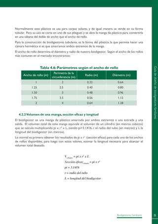35Biodigestores Familiares
Normalmente este plástico se usa para carpas solares, y de igual manera se vende en su forma
tubular. Para su uso se corta en uno de sus pliegues y se abre la manga de plástico para convertirla
en una sábana del doble de ancho que el ancho de rollo.
Para la construcción de biodigestores tubulares, es la forma del plástico, la que permite hacer una
cámara hermética si es que amarramos ambos extremos de la manga.
El ancho de rollo determina el diámetro y radio de nuestro biodigestor. Según el ancho de los rollos
más comunes en el mercado encontramos:
Tabla 4.6: Parámetros según el ancho de rollo
Ancho de rollo (m)
Perímetro de la
circunferencia (m)
Radio (m) Diámetro (m)
1 2 0.32 0.64
1.25 2.5 0.40 0.80
1.50 3 0.48 0.96
1.75 3.5 0.56 1.12
2 4 0.64 1.28
4.2.2Volumen de una manga, sección eficaz y longitud
El biodigestor es una manga de plástico amarrada por ambos extremos a una entrada y una
salida. El volumen total de este manga equivale al volumen de un cilindro (en metros cúbicos)
que se calcula multiplicando pi x r2
x L, siendo pi=3.1416, r el radio del tubo (en metros) y L la
longitud del biodigestor (en metros).
Lo normal es primero obtener los resultados de pi x r2
(sección eficaz) para cada uno de los anchos
de rollos disponibles, para luego con estos valores, estimar la longitud necesaria para alcanzar el
volumen total deseado.
Vcilindro
= pi x r2
x L
Sección eficazcilindro
= pi x r2
pi = 3.1416
r = radio del tubo
L = longitud del biodigestor
Guíadediseñodebiodigestoresfamiliares
 