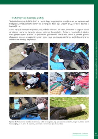 61Biodigestores Familiares
Figura 18: Para amarrar los tubos de entrada y salida al biodigestor, hay que colocarlos centrarlos, recoger el plástico lateral
haciendo pliegues en forma de acordeón, y comenzar a amarrar con liga de neumático.
6.4.4 Amarre de la entrada y salida
Teniendo los tubos de PCV de 6” y 1 m de largo ya protegidos, se colocan en los extremos del
biodigestor, introduciéndolos dentro de la manga de doble capa unos 80 cm, y por tanto dejando a
la vista 20 cm.
Ahora hay que acomodar el plástico para poderlo amarrar a los tubos. Para ellos se coge un lateral
de plástico y se le van haciendo pliegues en forma de acordeón. Así se va recogiendo el plástico
hasta ponerlo contra el tubo. Se procede de igual manera con el otro lateral. Conviene que los
pliegues no generen arrugas entre unos y otros y que los pliegues sean largos abriéndose a lo largo
del resto de la manga de plástico.
Manualdeinstalacióndebiodigestoresfamiliares
 