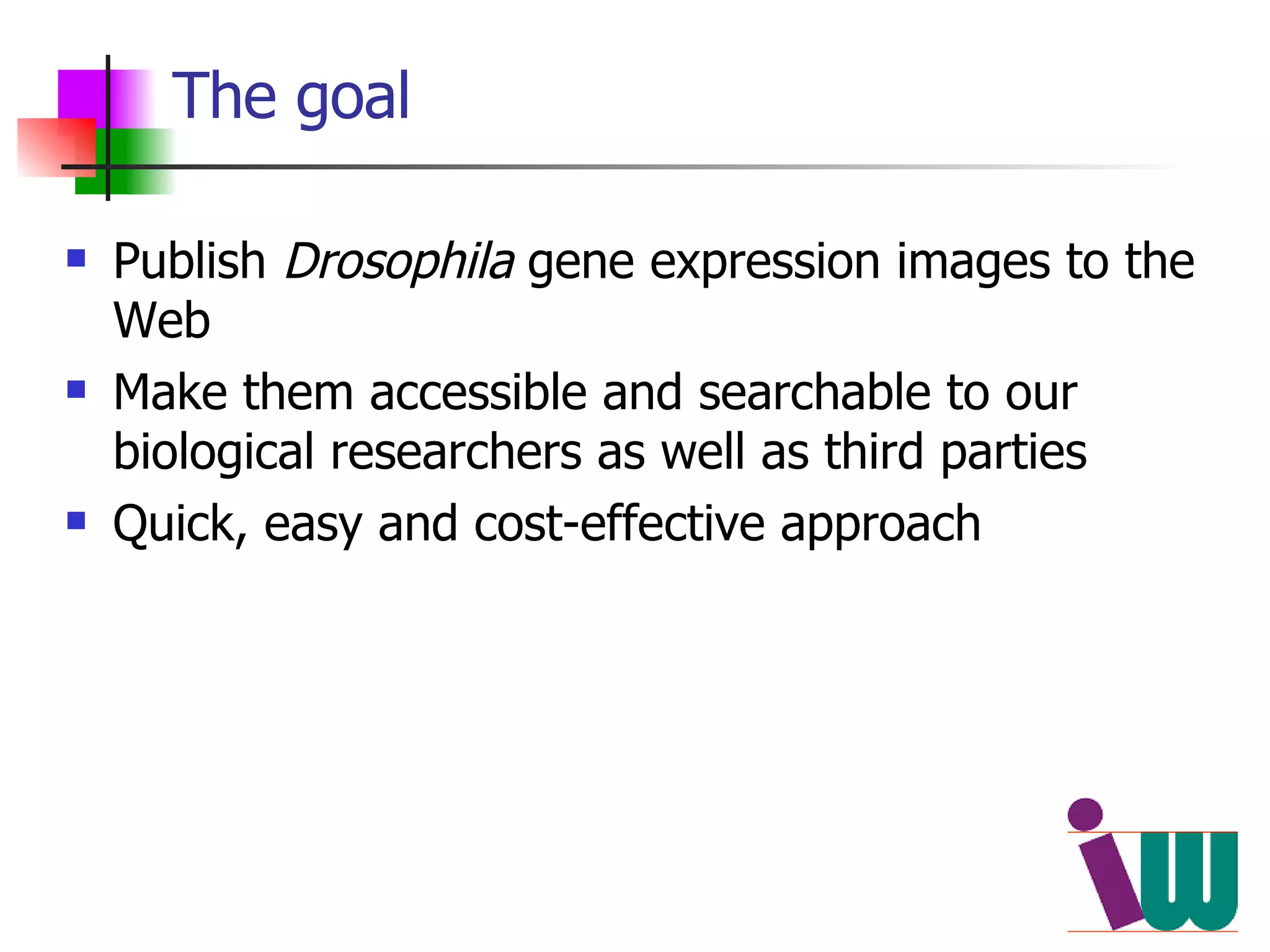The goal Publish  Drosophila  gene expression images to the Web Make them accessible and searchable to our biological researchers as well as third parties Quick, easy and cost-effective approach 