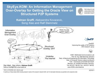 SkyEye.KOM: An Information Management Over-Overlay for Getting the Oracle View on Structured P2P Systems Kalman Graffi , Aleksandra Kovacevic, Song Xiao and Ralf Steinmetz Underlay: The Internet Structured Overlay: DHT Information Management Over-Overlay Pick good peers ? Does my p2p system work? 