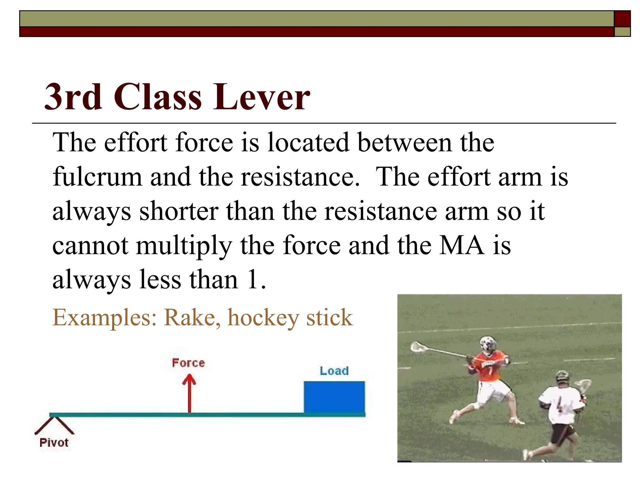 The effort force is located between the fulcrum and the resistance.  The effort arm is always shorter than the resistance arm so it cannot multiply the force and the MA is always less than 1. Examples: Rake, hockey stick 3rd Class Lever 
