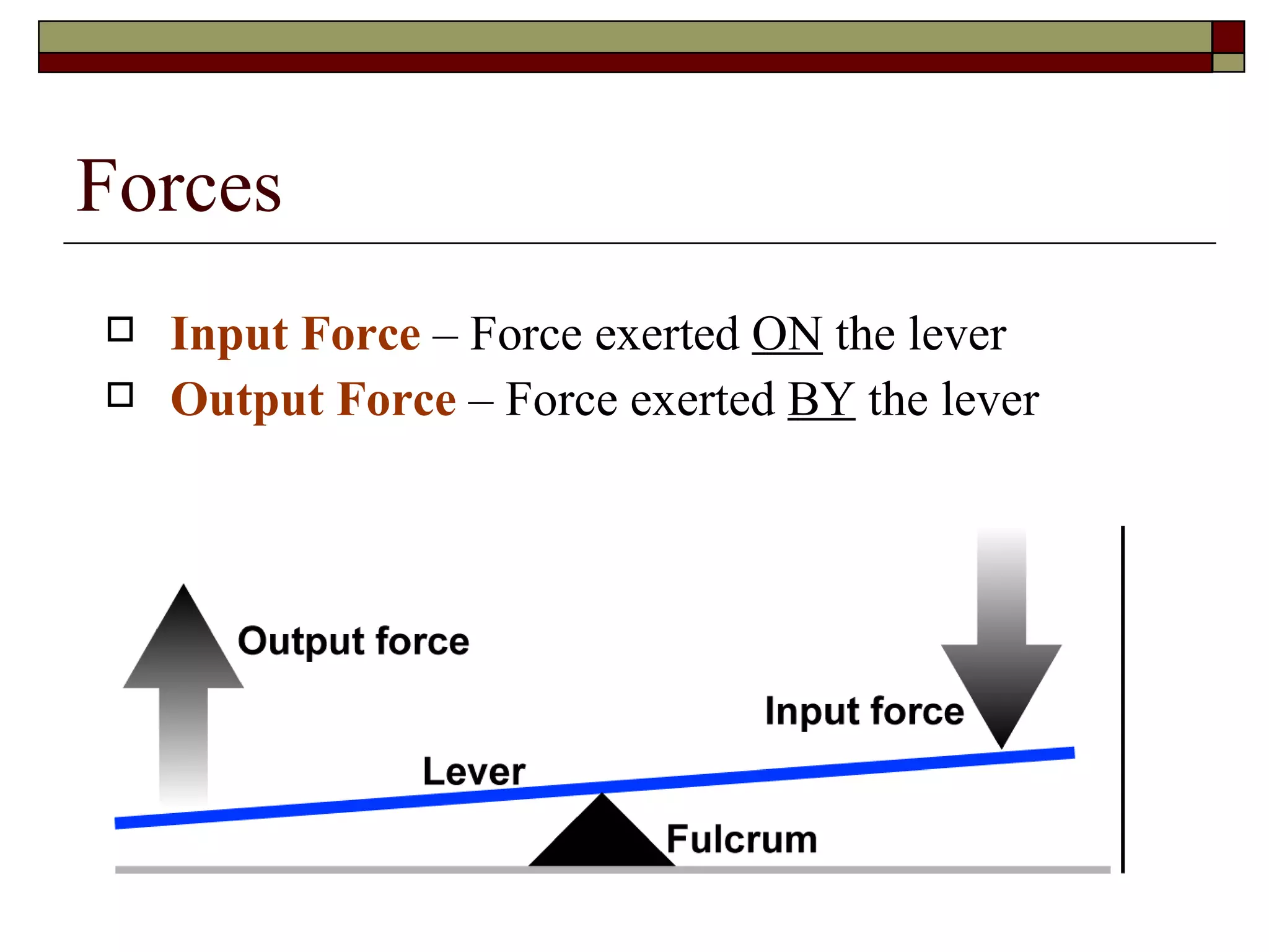 Input Force  – Force exerted  ON  the lever Output Force  – Force exerted  BY  the lever Forces 