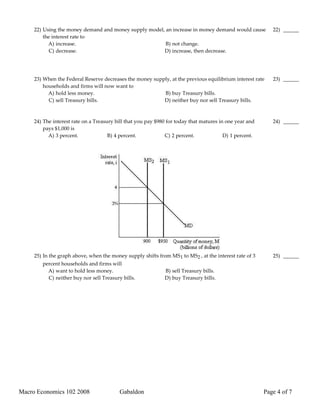 22) Using the money demand and money supply model, an increase in money demand would cause             22) ______
         the interest rate to
           A) increase.                                 B) not change.
            C) decrease.                               D) increase, then decrease.




     23) When the Federal Reserve decreases the money supply, at the previous equilibrium interest rate     23) ______
         households and firms will now want to
           A) hold less money.                            B) buy Treasury bills.
           C) sell Treasury bills.                        D) neither buy nor sell Treasury bills.



     24) The interest rate on a Treasury bill that you pay $980 for today that matures in one year and      24) ______
         pays $1,000 is
           A) 3 percent.              B) 4 percent.            C) 2 percent.             D) 1 percent.




     25) In the graph above, when the money supply shifts from MS 1 to MS2 , at the interest rate of 3      25) ______
        percent households and firms will
          A) want to hold less money.                         B) sell Treasury bills.
          C) neither buy nor sell Treasury bills.             D) buy Treasury bills.




Macro Economics 102 2008                  Gabaldon                                                       Page 4 of 7
 