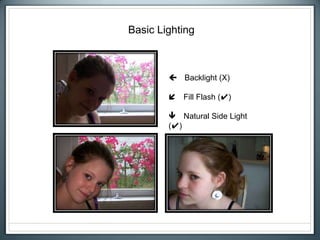 Basic Lighting
 Backlight (X)
 Fill Flash (✔)
 Natural Side Light
(✔)
 
