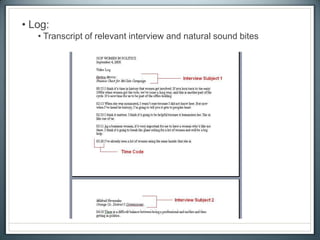 • Log:
• Transcript of relevant interview and natural sound bites
 