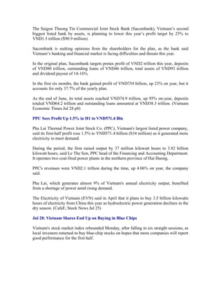 The Saigon Thuong Tin Commercial Joint Stock Bank (Sacombank), Vietnam’s second
biggest listed bank by assets, is planning to lower this year’s profit target by 25% to
VND1.5 trillion ($90.9 million).

Sacombank is seeking opinions from the shareholders for the plan, as the bank said
Vietnam’s banking and financial market is facing difficulties and threats this year.

In the original plan, Sacombank targets pretax profit of VND2 trillion this year, deposits
of VND80 trillion, outstanding loans of VND46 trillion, total assets of VND93 trillion
and dividend payout of 14-16%.

In the first six months, the bank gained profit of VND754 billion, up 23% on year, but it
accounts for only 37.7% of the yearly plan.

As the end of June, its total assets reached VND74.9 trillion, up 95% on-year, deposits
totaled VND64.2 trillion and outstanding loans amounted at VND38.3 trillion. (Vietnam
Economic Times Jul 28 p8)

PPC Sees Profit Up 1.5% in H1 to VND571.4 Bln

Pha Lai Thermal Power Joint Stock Co. (PPC), Vietnam's largest listed power company,
said its first-half profit rose 1.5% to VND571.4 billion ($34 million) as it generated more
electricity to meet demand.

During the period, the firm raised output by 37 million kilowatt hours to 3.82 billion
kilowatt hours, said Le The Son, PPC head of the Financing and Accounting Department.
It operates two coal-fired power plants in the northern province of Hai Duong.

PPC's revenues were VND2.1 trillion during the time, up 4.06% on year, the company
said.

Pha Lai, which generates almost 9% of Vietnam's annual electricity output, benefited
from a shortage of power amid rising demand.

The Electricity of Vietnam (EVN) said in April that it plans to buy 3.5 billion kilowatts
hours of electricity from China this year as hydroelectric power generation declines in the
dry season. (CafeF, Stock News Jul 25)

Jul 28: Vietnam Shares End Up on Buying in Blue Chips

Vietnam's stock market index rebounded Monday, after falling in six straight sessions, as
local investors returned to buy blue-chip stocks on hopes that more companies will report
good performance for the first half.
 