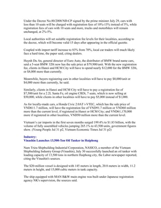 Under the Decree No.80/2008/NĐ-CP signed by the prime minister July 29, cars with
less than 10 seats will be charged with registration fees of 10%-15% instead of 5%, while
registration fees of cars with 10 seats and more, trucks and motorbikes will remain
unchanged, at 2%-5%.

Local authorities will set suitable registration fee levels for their localities, according to
the decree, which will become valid 15 days after appearing in the official gazette.

Coupled with import tariff increase to 83% from 70%, local car traders will much likely
face a hard time, the paper said, citing dealers.

Huynh Du An, general director of Euro Auto, the distributor of BMW brand name cars,
said a 5-seat BMW 320i now has the sale price at $79,900/unit. With the new registration
fee, clients in Hanoi and HCM City will have to spend nearly $12,000 for the BMW 320i,
or $8,000 more than currently.

Meanwhile, buyers registering cars in other localities will have to pay $8,000/unit or
$4,000 more than currently, he said.

Similarly, clients in Hanoi and HCM City will have to pay a registration fee of
$7,500/unit for a 2.2L Santa Fe, oil engine CRDi, 7 seats, which is now selling at
$50,000, while clients in other localities will have to pay $5,000 instead of $1,000.

As for locally-made cars, a Honda Civic 2.0AT i-VTEC, which has the sale price of
VND611.7 million, will have the registration fee of VND91.7 million or VND60 million
more than the current level, if registered in Hanoi or HCM City; and VND61,170,000
more if registered in other localities, VND50 million more than the current level.

Vietnam’s car imports in the first seven months surged 199.4% to $1.83 billion, with the
volume of fully assembled vehicles jumping 265.1% to 43,500 units, government figures
show. (Young People Jul 31 p2, Vietnam Economic Times Jul 31 p2)

Industry:
Vinashin Launches 13,500-Ton Oil Tanker in Haiphong

Nam Trieu Shipbuilding Industrial Corporation, NASICO, a member of the Vietnam
Shipbuilding Industry Group (Vinashin), July 30 successfully launched an oil tanker with
loading capacity of 13,500 tons in northern Haiphong city, the Labor newspaper reported,
citing the Vinashin's sources.

The $20-million vessel is designed with 145 meters in length, 20.8 meters in width, 11.2
meters in height, and 15,000 cubic meters in tank capacity.

The ship equipped with MAN B&W main engine was built under Japanese registration
agency NK's supervision, the sources said.
 