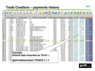 Trade Creditors – payments history
Back
Example
Default date imported as „Error‟:-
@IsFieldDataValid ("PDATE") = 1
 