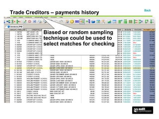 Trade Creditors – payments history
Back
Biased or random sampling
technique could be used to
select matches for checking
 