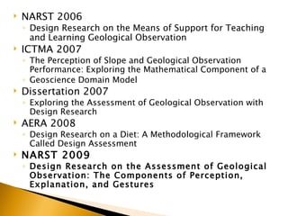 NARST 2006 Design Research on the Means of Support for Teaching and Learning Geological Observation ICTMA 2007 The Perception of Slope and Geological Observation Performance: Exploring the Mathematical Component of a  Geoscience Domain Model Dissertation 2007 Exploring the Assessment of Geological Observation with Design Research AERA 2008 Design Research on a Diet: A Methodological Framework Called Design Assessment NARST 2009 Design Research on the Assessment of Geological Observation: The Components of Perception, Explanation, and Gestures 