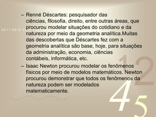 Renné Déscartes: pesquisador das ciências, filosofia, direito, entre outras áreas, que procurou modelar situações do cotidiano e da natureza por meio da geometria analítica.Muitas das descobertas que Déscartes fez com a geometria analítica são base, hoje, para situações da administração, economia, ciências contábeis, informática, etc.Isaac Newton procurou modelar os fenômenos físicos por meio de modelos matemáticos. Newton procurou demonstrar que todos os fenômenos da natureza podem ser modelados matematicamente.