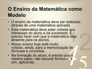 O Ensino da Matemática como ModeloO ensino da matemática deve ser realizado através de uma matemática aplicada.Esta matemática deve estar voltada aos interesses do aluno e da sociedade. É preciso fazer com que a matemática seja atraente para os alunos.Nosso ensino hoje está muito voltado, ainda, para a memorização de fórmulas e conceitos.Na formação do aluno, é preciso que o mesmo saiba, não decorar fórmulas, e sim, aplicá-las.