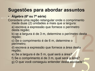 Sugestões para abordar assuntosÁlgebra (6º ou 7º série)Considere uma região retangular onde o comprimento mede duas (2) unidades a mais que a largura:	a) escreva a expressão que fornece o perímetro desta região;	b) se a largura é de 3 m, determine o perímetro desta região;	c) Se o comprimento é de 6 m, determine o perímetro;	d) escreva a expressão que fornece a área desta região;	e) Se a largura é de 5 m, qual será a área?	f) Se o comprimento é de 3 m, qual será a área?	g) O que você conseguiu entender desta atividade?