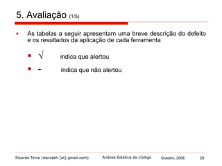 Ricardo Terra (rterrabh [at] gmail.com) Outubro, 2008 29Análise Estática de Código
5. Avaliação (2/5)
 