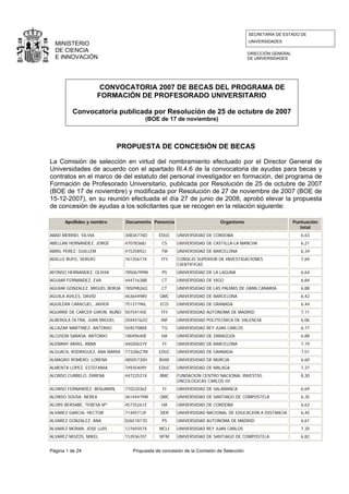 SECRETARÍA DE ESTADO DE
                                                                                        UNIVERSIDADES
  MINISTERIO
  DE CIENCIA                                                                            DIRECCIÓN GENERAL
  E INNOVACIÓN                                                                          DE UNIVERSIDADES




                        CONVOCATORIA 2007 DE BECAS DEL PROGRAMA DE
                       FORMACIÓN DE PROFESORADO UNIVERSITARIO

          Convocatoria publicada por Resolución de 25 de octubre de 2007
                                        (BOE de 17 de noviembre)



                              PROPUESTA DE CONCESIÓN DE BECAS

La Comisión de selección en virtud del nombramiento efectuado por el Director General de
Universidades de acuerdo con el apartado III.4.6 de la convocatoria de ayudas para becas y
contratos en el marco de del e