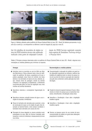 Quelônios do delta do Rio Jacuí, RS, Brasil: uso de hábitats e conservação




A                                              B                                               C




D                                               E                                              F




Figura 4: Hábitats utilizados pelos quelônios do Parque Estadual Delta do Jacuí, RS – Brasil. Os hábitats permanentes: rio (a),
saco (b) e canal (c); e, os temporários ou efêmeros: canal de irrigação (d), poça (e) e cava (f).


Sul. Os trabalhos de inventário de répteis na                            dação do PEDJ) haviam registrado somente
área do PEDJ (relatório técnico não publicado                            duas espécies de Testudines: Trachemys dorbigni
realizado como parte do subprojeto Consoli-                              e Phrynops hilarii.


Tabela 2: Principais ameaças observadas sobre os quelônios do Parque Estadual Delta do Jacuí, RS – Brasil, e algumas reco-
mendações ou medidas paliativas para minimizar os impactos.


    Ameaças                                                              Recomendações ou medidas paliativas

I   Incêndios como os ocorridos no ano de 2004 nas ilhas             I   Conscientização e educação do público em geral so-
    dos Marinheiros e Flores afetaram toda a área de nidifi-             bre alterações prejudiciais ao ambiente; melhoria dos
    cação de quelônios. Na época, suspeitava-se de que a                 trabalhos de vigilância tanto no interior do parque co-
    própria população criava focos de incêndio nas áreas                 mo em sua área de entorno e apuração dos responsá-
    abertas e nos banhados em época de seca, obtendo, as-                veis pelo dano ambiental e estrita aplicação das medi-
    sim, maiores áreas de pastagem, através da retirada                  das legais.
    (“limpeza”) da vegetação já estabelecida, e dificilmente
    consumida pelo gado, em troca de vegetação nova, mais
    nutritiva aos animais domésticos.

I   Agricultura extensiva e conseqüente fragmentação do              I   Criação de áreas de especial interesse à fauna e flora,
    hábitat.                                                             mesmo no interior do parque que se mantenham into-
                                                                         cáveis, intensificando a fiscalização nestas áreas

I   Agricultura intensiva: extração abusiva de água e uso ir-        I   Intensificar a fiscalização e fazer valer a legislação
    regular de biocidas e fertilizantes                                  brasileira vigente

I   Áreas de banhados são aterradas para aumentar a área             I   Intensificar a fiscalização e fazer valer a legislação
    de construção de casas ou de criação de gado, fato ob-               brasileira vigente
    servado na fazenda Kramm, onde campos inundáveis e
    banhados foram aterrados com cascas de arroz

I   Drenagem de áreas alagadas ou mesmo períodos muito               I   Orientar as pessoas acerca do uso correto da terra;
    prolongados de seca, além de diminuir atividade pode                 conscientização do público em geral sobre alterações
    ocasionar a morte de indivíduos e dessecamento de ovos               prejudiciais ao ambiente.
    nos ninhos

                                                                                                                                   Continua


                                  Artigos Técnico-Científicos   53        Natureza & Conservação - vol. 6 - nº2 - Outubro 2008 - pp. 47-60
 