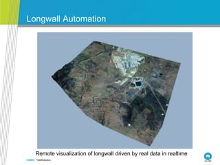 CSIRO. TeleRobotics
Longwall Automation
Remote visualization of longwall driven by real data in realtime
 
