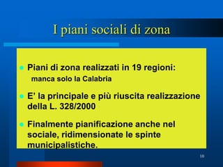 I piani sociali di zona

   Piani di zona realizzati in 19 regioni:
     manca solo la Calabria

   E’ la principale e più riuscita realizzazione
    della L. 328/2000

   Finalmente pianificazione anche nel
    sociale, ridimensionate le spinte
    municipalistiche.
                                                10
 