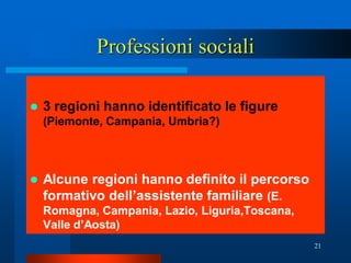 Professioni sociali

   3 regioni hanno identificato le figure
    (Piemonte, Campania, Umbria?)




   Alcune regioni hanno definito il percorso
    formativo dell’assistente familiare (E.
    Romagna, Campania, Lazio, Liguria,Toscana,
    Valle d’Aosta)
                                                 21
 