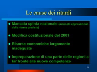 Le cause dei ritardi
   Mancata spinta nazionale (mancata approvazione
    delle norme previste)


   Modifica costituzionale del 2001

   Risorse economiche largamente
    inadeguate

   Impreparazione di una parte delle regioni a
    far fronte alle nuove competenze
                                                 23
 