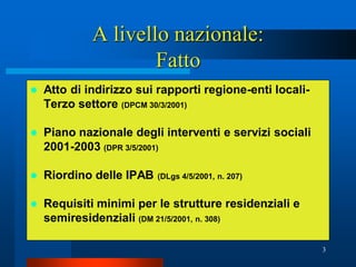 A livello nazionale:
                     Fatto
   Atto di indirizzo sui rapporti regione-enti locali-
    Terzo settore (DPCM 30/3/2001)

   Piano nazionale degli interventi e servizi sociali
    2001-2003 (DPR 3/5/2001)

   Riordino delle IPAB   (DLgs 4/5/2001, n. 207)


   Requisiti minimi per le strutture residenziali e
    semiresidenziali (DM 21/5/2001, n. 308)

                                                          3
 