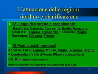 L’attuazione delle regioni:
        riordino e pianificazione
   12 Leggi di riordino e recepimento:
    Basilicata, Calabria, Campania, Emilia Romagna,
    Friuli V.G., Liguria, Lombardia, Piemonte, Puglia,
    Sardegna, Toscana, Trento.


   10 Piani sociali regionali:
Abruzzo, Lazio, Liguria, Molise, Puglia, Toscana, Trento,
+ Lombardia e Valle d’Aosta (Piani sociosanitari)
+ E. Romagna (Piano stralcio).
(Umbria e Marche PSR approvati nel 2000 prima della 328).
                                                            5
 