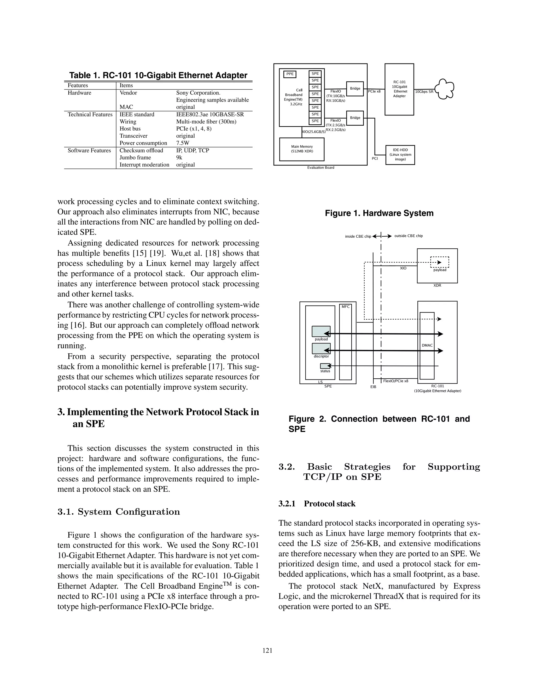 Table 1. RC-101 10-Gigabit Ethernet Adapter
Features Items
Hardware Vendor Sony Corporation.
Engineering samples available
MAC original
Technical Features IEEE standard IEEE802.3ae 10GBASE-SR
Wiring Multi-mode ﬁber (300m)
Host bus PCIe (x1, 4, 8)
Transceiver original
Power consumption 7.5W
Software Features Checksum ofﬂoad IP, UDP, TCP
Jumbo frame 9k
Interrupt moderation original
work processing cycles and to eliminate context switching.
Our approach also eliminates interrupts from NIC, because
all the interactions from NIC are handled by polling on ded-
icated SPE.
Assigning dedicated resources for network processing
has multiple beneﬁts [15] [19]. Wu,et al. [18] shows that
process scheduling by a Linux kernel may largely affect
the performance of a protocol stack. Our approach elim-
inates any interference between protocol stack processing
and other kernel tasks.
There was another challenge of controlling system-wide
performance by restricting CPU cycles for network process-
ing [16]. But our approach can completely ofﬂoad network
processing from the PPE on which the operating system is
running.
From a security perspective, separating the protocol
stack from a monolithic kernel is preferable [17]. This sug-
gests that our schemes which utilizes separate resources for
protocol stacks can potentially improve system security.
3. Implementing the Network Protocol Stack in
an SPE
This section discusses the system constructed in this
project: hardware and software conﬁgurations, the func-
tions of the implemented system. It also addresses the pro-
cesses and performance improvements required to imple-
ment a protocol stack on an SPE.
3.1. System Conﬁguration
Figure 1 shows the conﬁguration of the hardware sys-
tem constructed for this work. We used the Sony RC-101
10-Gigabit Ethernet Adapter. This hardware is not yet com-
mercially available but it is available for evaluation. Table 1
shows the main speciﬁcations of the RC-101 10-Gigabit
Ethernet Adapter. The Cell Broadband EngineTM
is con-
nected to RC-101 using a PCIe x8 interface through a pro-
totype high-performance FlexIO-PCIe bridge.
Figure 1. Hardware System
Figure 2. Connection between RC-101 and
SPE
3.2. Basic Strategies for Supporting
TCP/IP on SPE
3.2.1 Protocol stack
The standard protocol stacks incorporated in operating sys-
tems such as Linux have large memory footprints that ex-
ceed the LS size of 256-KB, and extensive modiﬁcations
are therefore necessary when they are ported to an SPE. We
prioritized design time, and used a protocol stack for em-
bedded applications, which has a small footprint, as a base.
The protocol stack NetX, manufactured by Express
Logic, and the microkernel ThreadX that is required for its
operation were ported to an SPE.
121
 