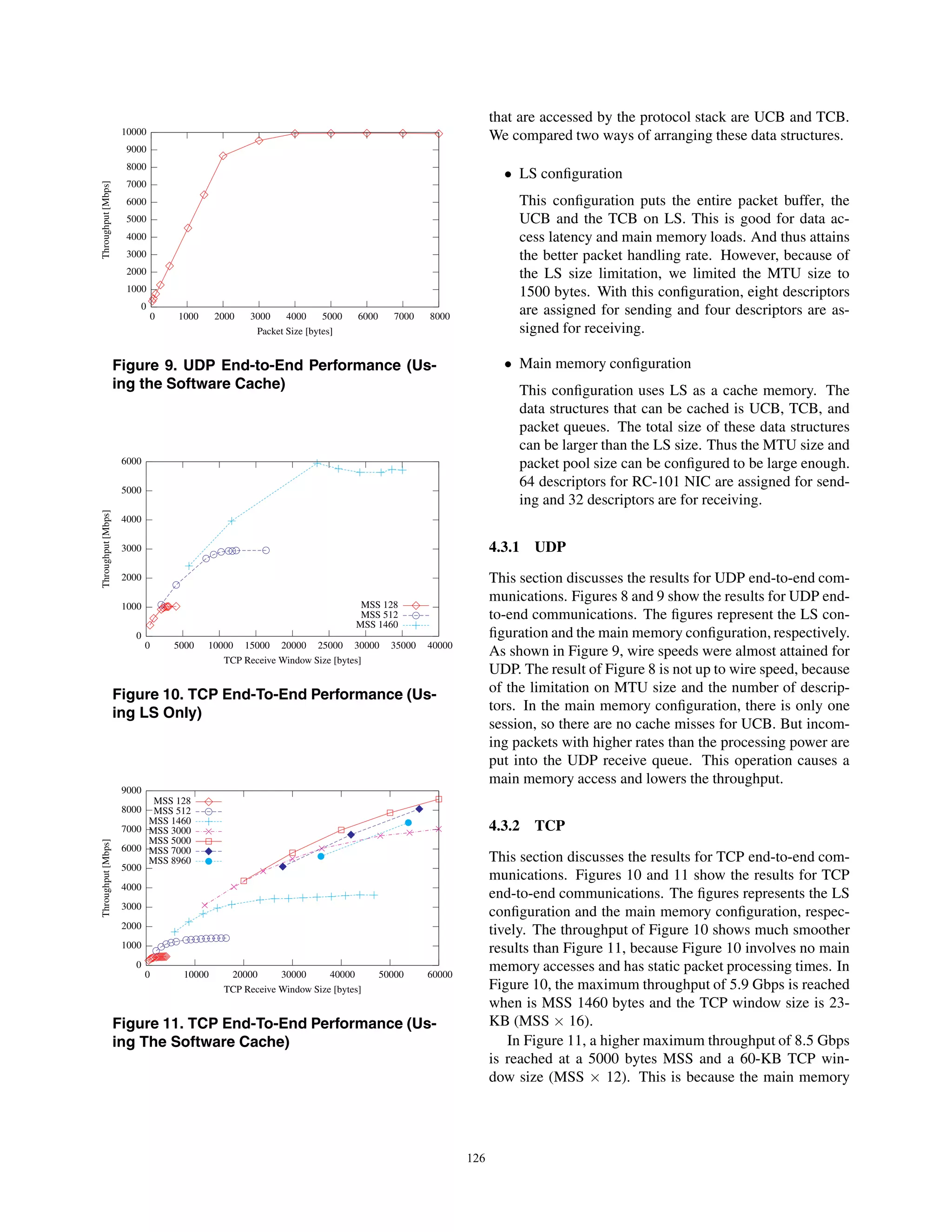 0
1000
2000
3000
4000
5000
6000
7000
8000
9000
10000
0 1000 2000 3000 4000 5000 6000 7000 8000
Throughput[Mbps]
Packet Size [bytes]
Figure 9. UDP End-to-End Performance (Us-
ing the Software Cache)
0
1000
2000
3000
4000
5000
6000
0 5000 10000 15000 20000 25000 30000 35000 40000
Throughput[Mbps]
TCP Receive Window Size [bytes]
MSS 128
MSS 512
MSS 1460
Figure 10. TCP End-To-End Performance (Us-
ing LS Only)
0
1000
2000
3000
4000
5000
6000
7000
8000
9000
0 10000 20000 30000 40000 50000 60000
Throughput[Mbps]
TCP Receive Window Size [bytes]
MSS 128
MSS 512
MSS 1460
MSS 3000
MSS 5000
MSS 7000
MSS 8960
Figure 11. TCP End-To-End Performance (Us-
ing The Software Cache)
that are accessed by the protocol stack are UCB and TCB.
We compared two ways of arranging these data structures.
• LS conﬁguration
This conﬁguration puts the entire packet buffer, the
UCB and the TCB on LS. This is good for data ac-
cess latency and main memory loads. And thus attains
the better packet handling rate. However, because of
the LS size limitation, we limited the MTU size to
1500 bytes. With this conﬁguration, eight descriptors
are assigned for sending and four descriptors are as-
signed for receiving.
• Main memory conﬁguration
This conﬁguration uses LS as a cache memory. The
data structures that can be cached is UCB, TCB, and
packet queues. The total size of these data structures
can be larger than the LS size. Thus the MTU size and
packet pool size can be conﬁgured to be large enough.
64 descriptors for RC-101 NIC are assigned for send-
ing and 32 descriptors are for receiving.
4.3.1 UDP
This section discusses the results for UDP end-to-end com-
munications. Figures 8 and 9 show the results for UDP end-
to-end communications. The ﬁgures represent the LS con-
ﬁguration and the main memory conﬁguration, respectively.
As shown in Figure 9, wire speeds were almost attained for
UDP. The result of Figure 8 is not up to wire speed, because
of the limitation on MTU size and the number of descrip-
tors. In the main memory conﬁguration, there is only one
session, so there are no cache misses for UCB. But incom-
ing packets with higher rates than the processing power are
put into the UDP receive queue. This operation causes a
main memory access and lowers the throughput.
4.3.2 TCP
This section discusses the results for TCP end-to-end com-
munications. Figures 10 and 11 show the results for TCP
end-to-end communications. The ﬁgures represents the LS
conﬁguration and the main memory conﬁguration, respec-
tively. The throughput of Figure 10 shows much smoother
results than Figure 11, because Figure 10 involves no main
memory accesses and has static packet processing times. In
Figure 10, the maximum throughput of 5.9 Gbps is reached
when is MSS 1460 bytes and the TCP window size is 23-
KB (MSS × 16).
In Figure 11, a higher maximum throughput of 8.5 Gbps
is reached at a 5000 bytes MSS and a 60-KB TCP win-
dow size (MSS × 12). This is because the main memory
126
 