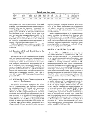 Table 3. local store usage
Segment name .text packet pool .bss stacks .rodata .data tcp thread udp .debug ranges other total
Before 144592 49920 39328 17408 4656 1264 480 352 336 128 3680 262144
After 113168 57600 45728 17408 4720 1264 1856 1312 1072 128 17888 262144
Ratio 0.78 1.15 1.16 1.00 1.01 1.00 3.87 3.73 3.19 1.00 4.86 1.00
imately 18% in size following the alignment, from 39-KB
to 46-KB. Table 3 shows a comparison of the segment sizes
in the LS before and after alignment. “packet pool” rep-
resents the packet pool,with the section that maintains the
packet payload at an MTU of 1500 bytes and the structure
that controls the packets. The term, “stacks” refers to the
stack area, which also holds a thread context, while “tcp” is
the TCP control block, and “udp” is the UDP control block.
In the table, “total” represents the size of the LS. Overall,
the addition of alignment restrictions to the structures re-
sulted in a size reduction of approximately 5%.
Additionally, the alignment restrictions resulted in a 27%
improvement of loopback performance in the TCP and 22%
in the UDP.
3.6. Insertion of Branch Prediction to In-
crease Speed
Because SPEs do not have a branch prediction hardware,
static hint branch instructions are used to indicate the fetch
direction. However, even when branch instructions were
counted by the number of “if” statements in the C source
code, there were more than 1200. It was impractical to in-
put the gcc builtin expect code manually. Instead, we used
the gcc proﬁle-guided optimization (PGO) to enable branch
prediction. Communication was via loopbacks from the test
program, and statistics on the direction of branching were
gathered and fed back during compiling. Using PGO, we
were able to improve TCP loopback performance by ap-
proximately 22%.
3.7. Making the System Non-preemptive to
Improve Performance
The protocol stack that we employed in this project,
NetX, is a commercial stack, and is designed for use upon
the embedded real-time OS ThreadX, which is also man-
ufactured by Express Logic. We ran NetX by porting
ThreadX to the SPE. And preventing ThreadX from being
triggered by any type of interrupt processing other than the
timer processing of the thread by SPE decrementer inter-
rupts. Interrupts of the SPE core can potentially be oper-
ated by NICs from the MFC Memory Mapped I/O (MMIO)
register, but the SPE processing speed is fast enough, and
at low load, tasks can be rescheduled in round-robin cycles
of approximately 400 nano seconds. Given this high-speed
response, polling was employed. In addition, the exclusive
use of an SPE made it unnecessary to run in coordination
with unknown non-network processes (unlike CPU cores
running a normal OS) and therefore the maximum delay
could be controlled.
ThreadX supports preemption, but we did not enable pre-
emptive processing. As indicated above, the system is in
control of the entire task processing in the SPE. Therefore
non-preemptive task processing can be conducted without
delays, and exclusion processing such as mutexes can be
eliminated, resulting in higher speeds. Eliminating mutex
processing enabled us to increase the bandwidth of loop-
back processing by approximately 13%.
3.8. Use of the SPE to Drive NIC
Because SPEs have a DMAC in every core, they are
also capable of efﬁcient NIC register accesses. On a con-
ventinal processor core (like the PPE), the pipeline stalls
for an extremely long period in units of instruction cycles
during MMIO register access. In contrast, the DMAC in
an SPE can be explicitly controlled by software in an SPE,
enabling instructions to be issued without waiting for time-
consuming MMIO accesses to complete, and programs can
therefore continue to be executed during MMIO accesses.
For example, when sending data, the NIC is notiﬁed of the
update in the transmission descriptor, and this notiﬁcation is
normally implemented by writing the NIC MMIO register.
With SPEs, a DMA transfer instruction can be issued with-
out waiting for this write to complete, and prevents from
stalling.
RC-101 uses 32-byte descriptors placed in the ring buffer
for sending and receiving. We placed the descriptors in the
LS to control RC-101. When the send descriptor is updated,
the RC-101 register is tapped and the descriptor read from
RC-101 is kicked. Packet payloads are placed either in the
LS or on main memory. When placed in the LS, the data
ﬂow is as shown by the solid line in Figure 2. The data ﬂow
when the packet payloads were placed on main memory is
shown by the dotted line in the same ﬁgure. In the latter
case, the payload has to be retrieved from the main memory,
doubling the load on the memory system when compared to
LS. However, because it is difﬁcult to place multiple 9KB
payloads in the LS in order to increase the MTU, it is neces-
sary to place payloads on main memory and reduce the data
resident in the LS for high bandwidth.
123
 