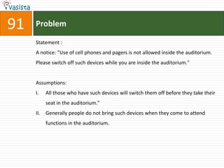 91   Problem

     Statement :
     A notice: "Use of cell phones and pagers is not allowed inside the auditorium.
     Please switch off such devices while you are inside the auditorium."


     Assumptions:
     I.    All those who have such devices will switch them off before they take their
           seat in the auditorium."
     II.   Generally people do not bring such devices when they come to attend
           functions in the auditorium.
 