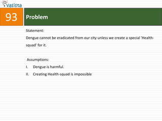 93   Problem

     Statement:
     Dengue cannot be eradicated from our city unless we create a special 'Health-
     squad' for it.


     Assumptions:
     I.    Dengue is harmful.
     II.   Creating Health-squad is impossible
 