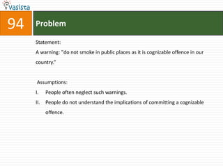 94   Problem

     Statement:
     A warning: "do not smoke in public places as it is cognizable offence in our
     country.”


     Assumptions:
     I.    People often neglect such warnings.
     II.   People do not understand the implications of committing a cognizable
           offence.
 