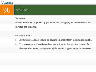96   Problem

     Statement:
     Many medical and engineering graduates are taking up jobs in administrative
     services and in banks.


     Courses of Action:
     I.    All the professionals should be advised to refrain from taking up such jobs.
     II.   The government should appoint a committee to find out the reasons for
           these professionals taking up such jobs and to suggest remedial measures.
 