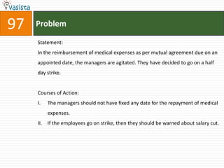 97   Problem

     Statement:
     In the reimbursement of medical expenses as per mutual agreement due on an
     appointed date, the managers are agitated. They have decided to go on a half
     day strike.


     Courses of Action:
     I.    The managers should not have fixed any date for the repayment of medical
           expenses.
     II.   If the employees go on strike, then they should be warned about salary cut.
 