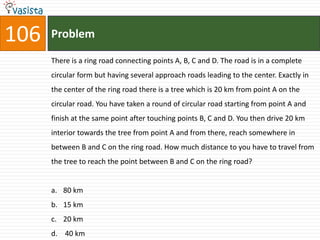 106   Problem

      There is a ring road connecting points A, B, C and D. The road is in a complete
      circular form but having several approach roads leading to the center. Exactly in
      the center of the ring road there is a tree which is 20 km from point A on the
      circular road. You have taken a round of circular road starting from point A and
      finish at the same point after touching points B, C and D. You then drive 20 km
      interior towards the tree from point A and from there, reach somewhere in
      between B and C on the ring road. How much distance to you have to travel from
      the tree to reach the point between B and C on the ring road?


      a. 80 km
      b. 15 km
      c. 20 km
      d. 40 km
 