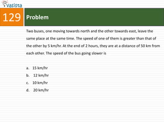 129   Problem

      Two buses, one moving towards north and the other towards east, leave the
      same place at the same time. The speed of one of them is greater than that of
      the other by 5 km/hr. At the end of 2 hours, they are at a distance of 50 km from
      each other. The speed of the bus going slower is


      a. 15 km/hr
      b. 12 km/hr
      c. 10 km/hr
      d. 20 km/hr
 