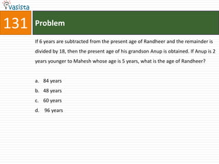 131   Problem

      If 6 years are subtracted from the present age of Randheer and the remainder is
      divided by 18, then the present age of his grandson Anup is obtained. If Anup is 2
      years younger to Mahesh whose age is 5 years, what is the age of Randheer?


      a. 84 years
      b. 48 years
      c. 60 years
      d. 96 years
 