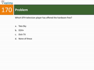 170   Problem

      Which DTH television player has offered the hardware free?


      a. Tata Sky
      b. D2H+
      c. Dish TV
      d. None of these
 