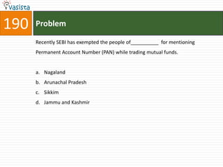 190   Problem

      Recently SEBI has exempted the people of__________ for mentioning
      Permanent Account Number (PAN) while trading mutual funds.


      a. Nagaland
      b. Arunachal Pradesh
      c. Sikkim
      d. Jammu and Kashmir
 